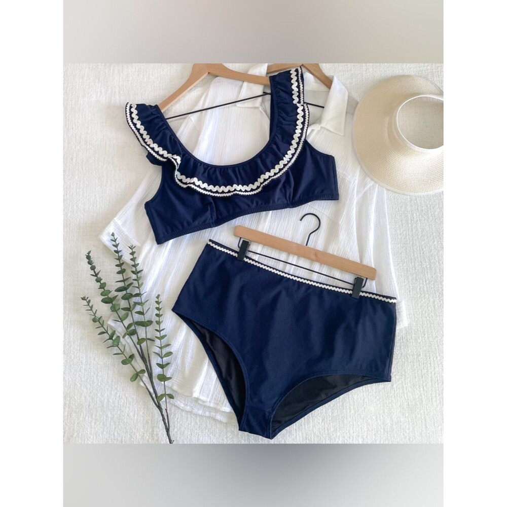 J. Crew navy ruffle bikini set.